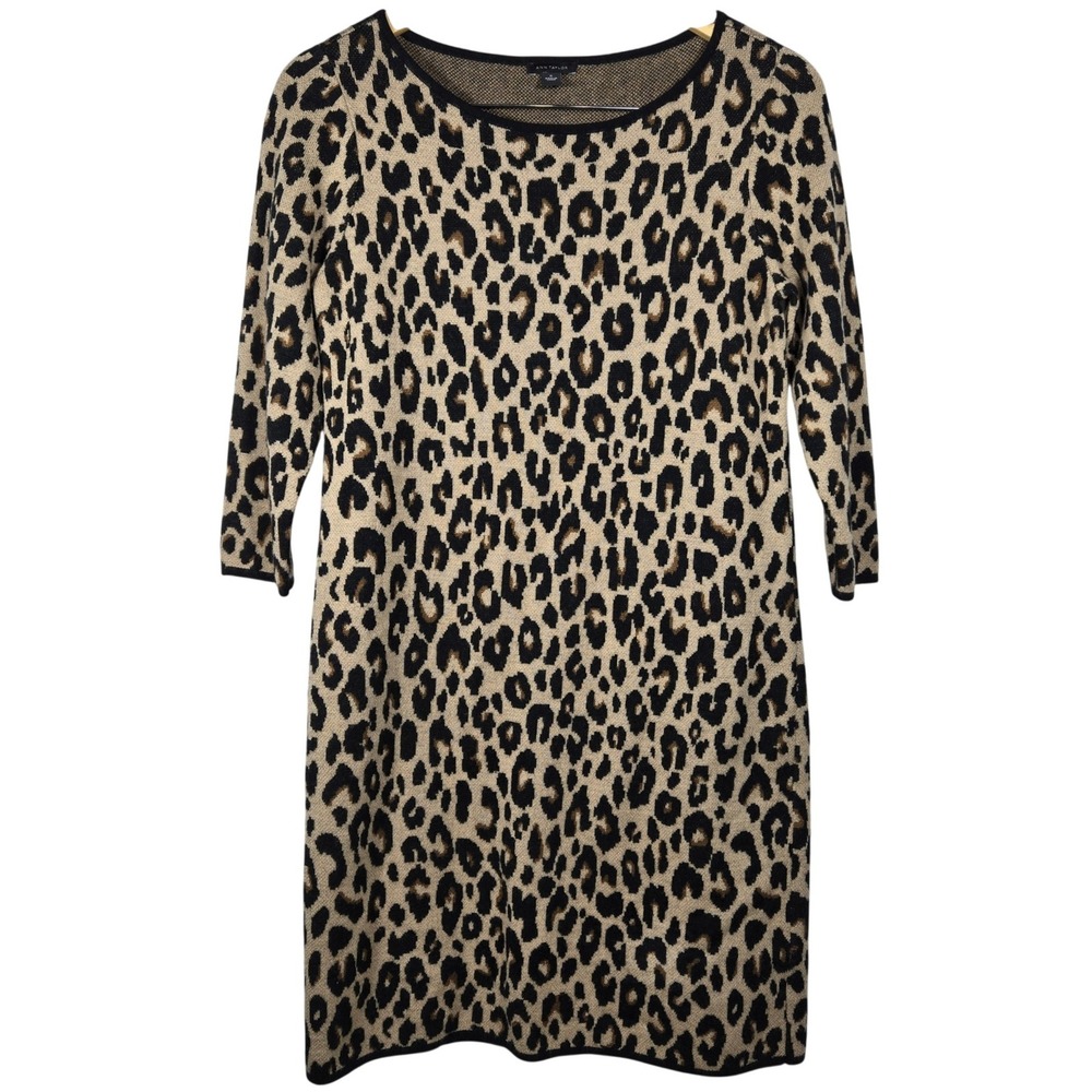 Ann Taylor Leopard Print Wool Blend Knit Sheath Dress Tan Black Medium 485427